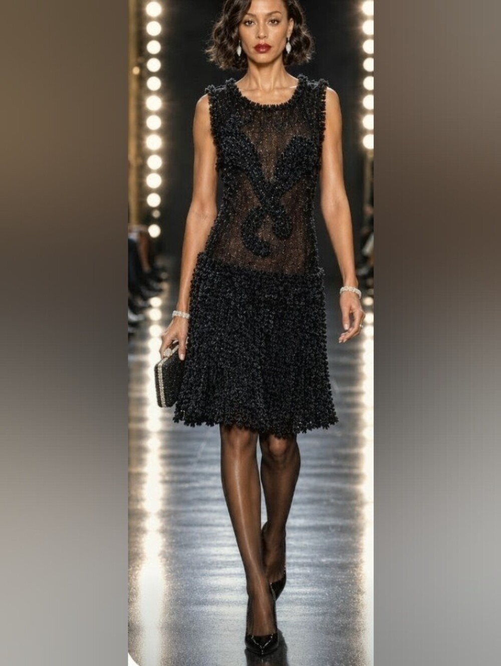 LEON MAX LIMITED EDITION BLACK M L RAISED SOUTACHE CHENILLE SILK FIT FLARE DRESS - Picture 15 of 15